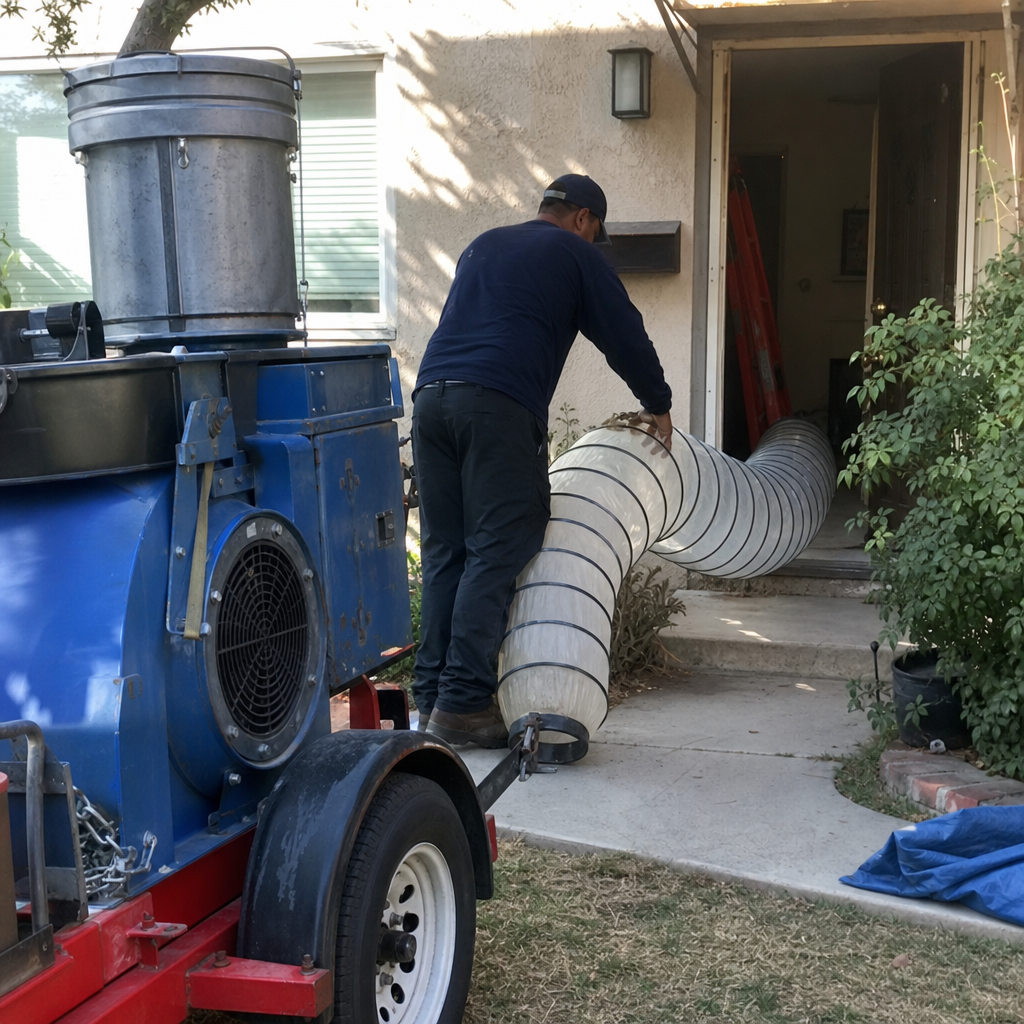 Professional technician performing residential air duct cleaning with industrial vacuum equipment