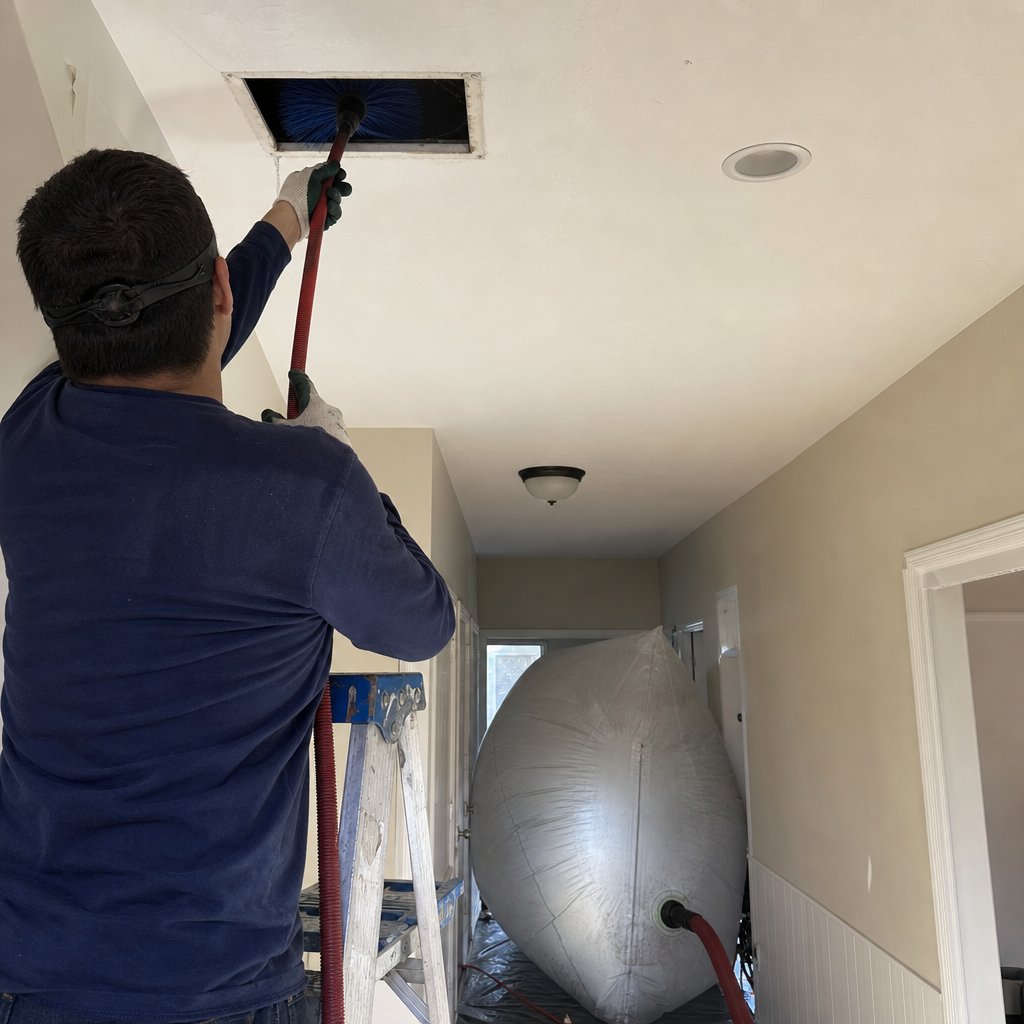 Technician using professional rotary brush equipment for air duct cleaning
