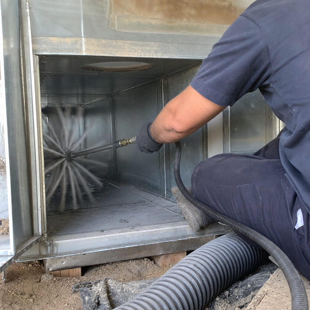 Professional technician performing air duct cleaning with a rotating brush tool