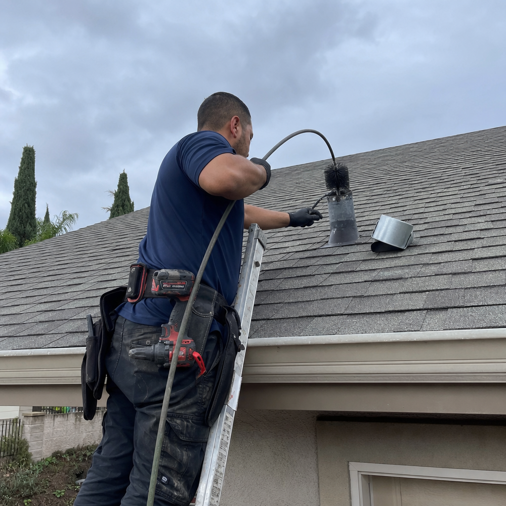 Professional dryer vent cleaning technician using a roof vent brush tool