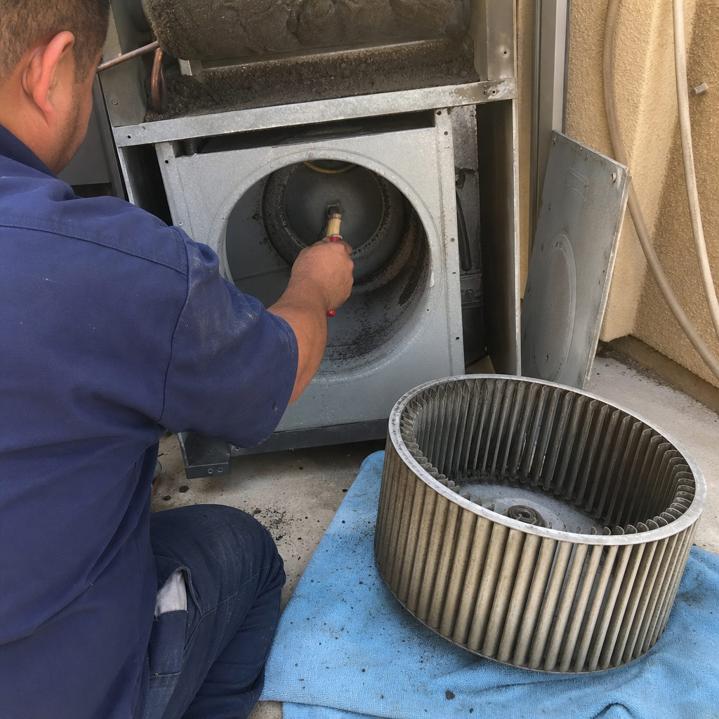 Technician cleaning HVAC blower wheel component during professional maintenance service