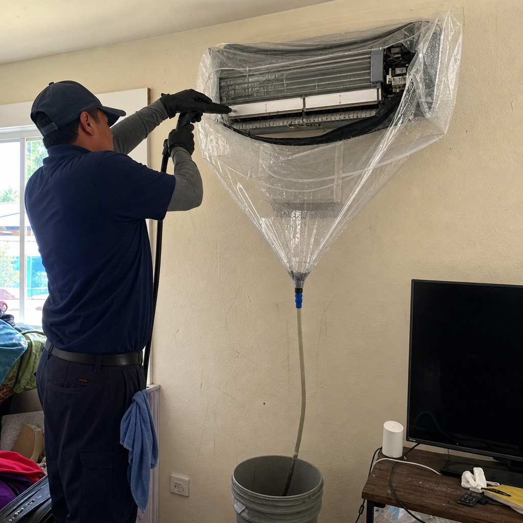 Technician performing professional HVAC duct and mini-split system deep cleaning