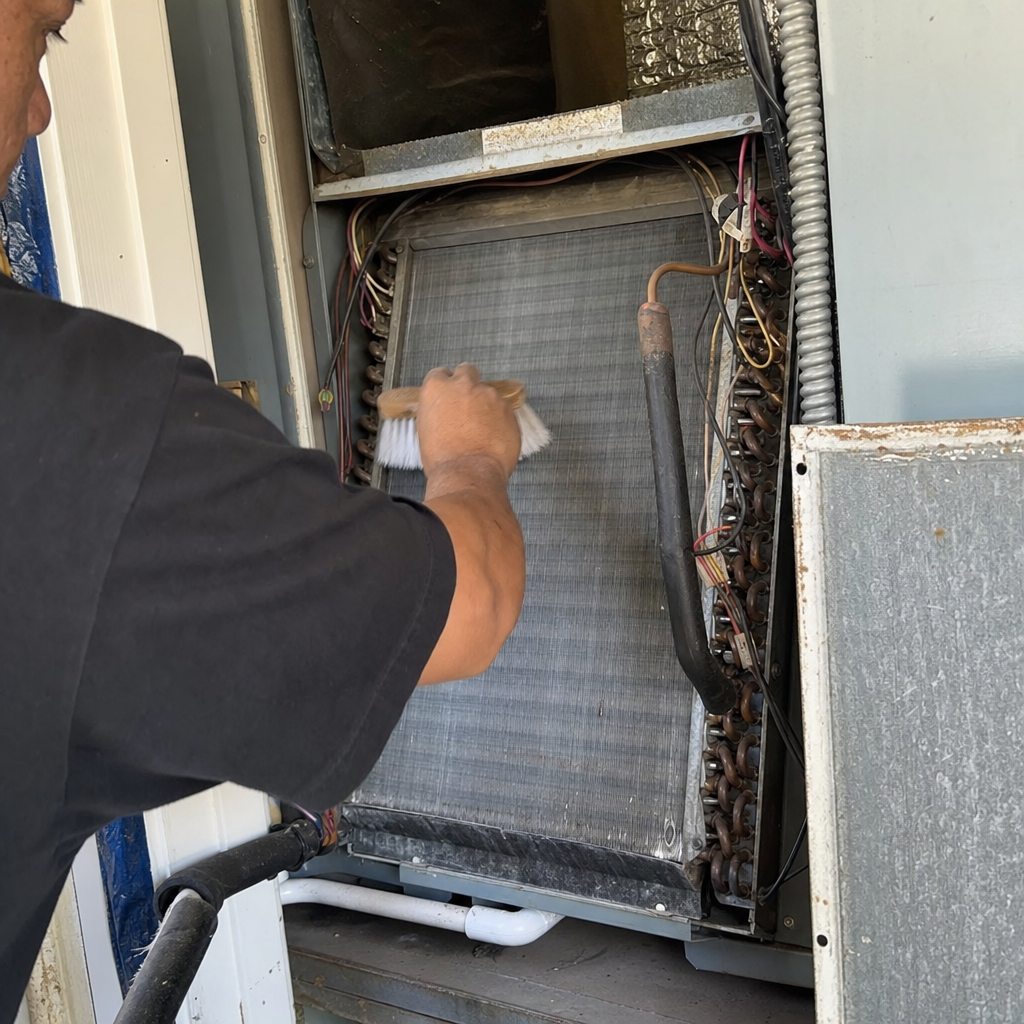 Technician performing professional HVAC system evaporator coil cleaning and maintenance