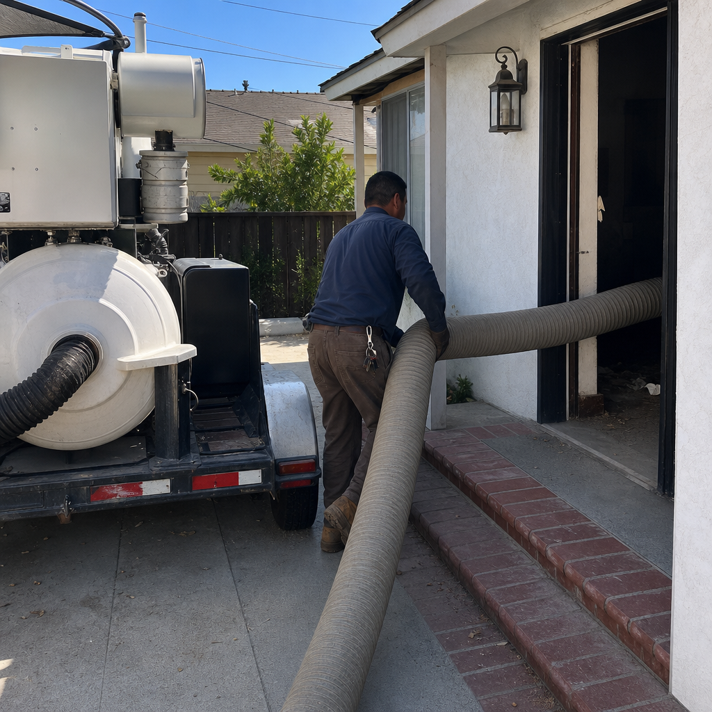 Technician using professional air duct cleaning equipment to vacuum a home