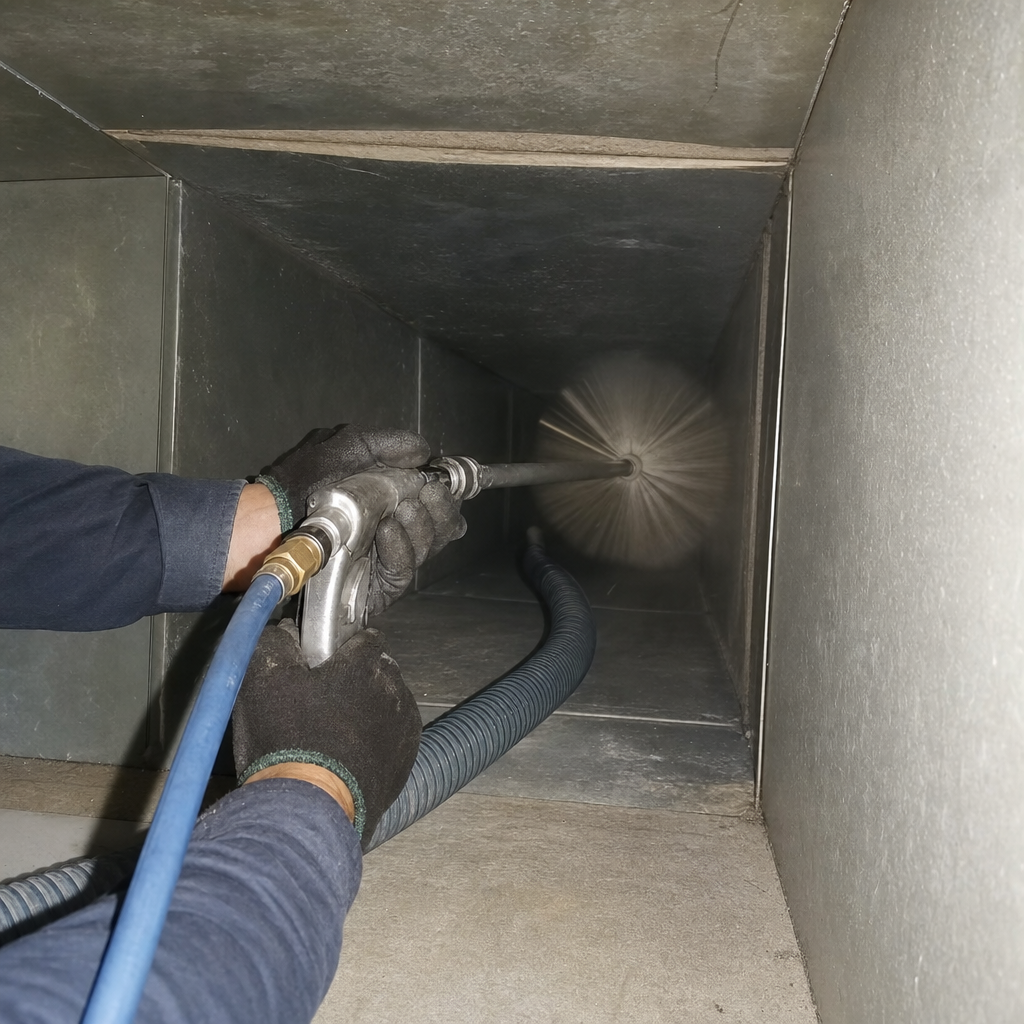 Professional technician cleaning residential air ducts with rotating brush tool