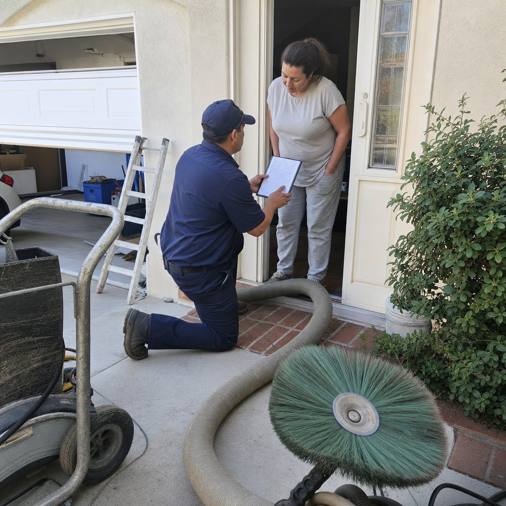Air duct cleaning technician showing paperwork to a customer at a door in Los Angeles, CA