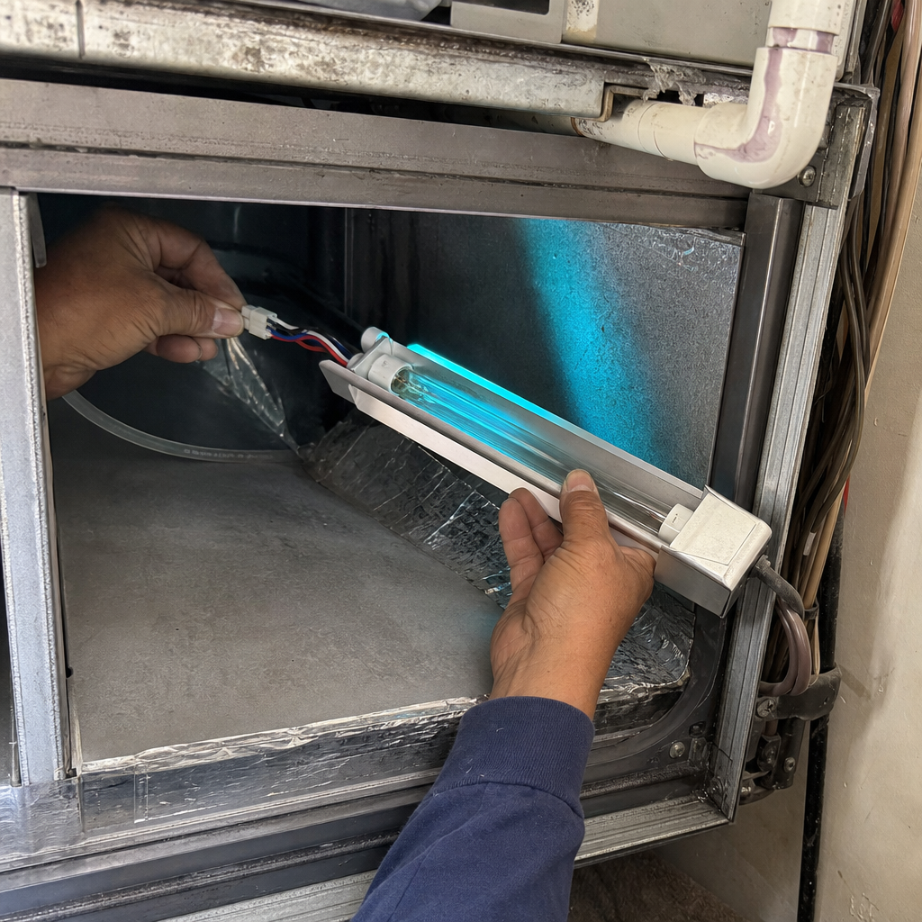 HVAC technician installing UV light air sanitizer in ductwork in Los Angeles, CA