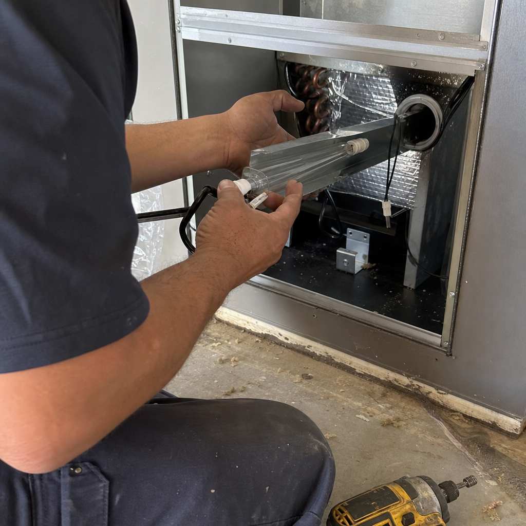 Technician installing UV light air sanitizer in HVAC system in Los Angeles, CA