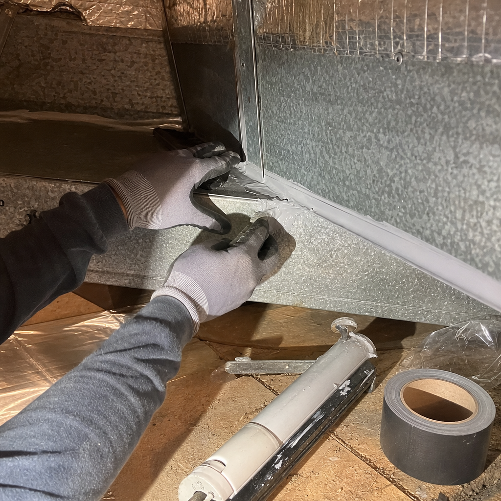 HVAC technician applying mastic sealant to repair residential air duct joints in Los Angeles, CA