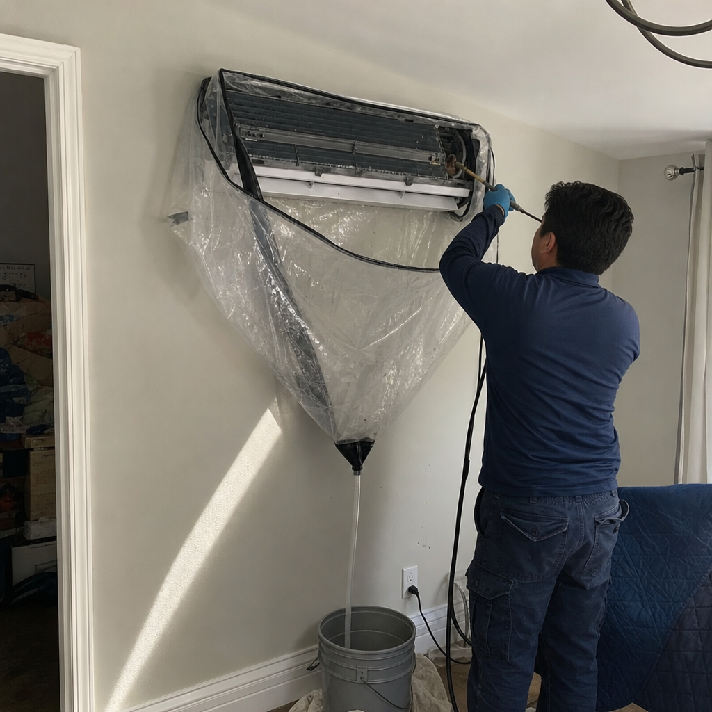 Technician performing professional deep cleaning on a wall-mounted air conditioner.